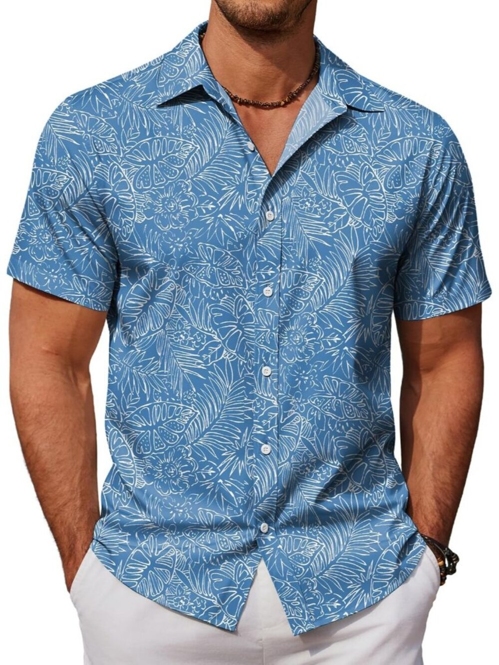 Men's Floral Blue Hawaiian Short Sleeve Aloha Beach Casual Button Down Shirt